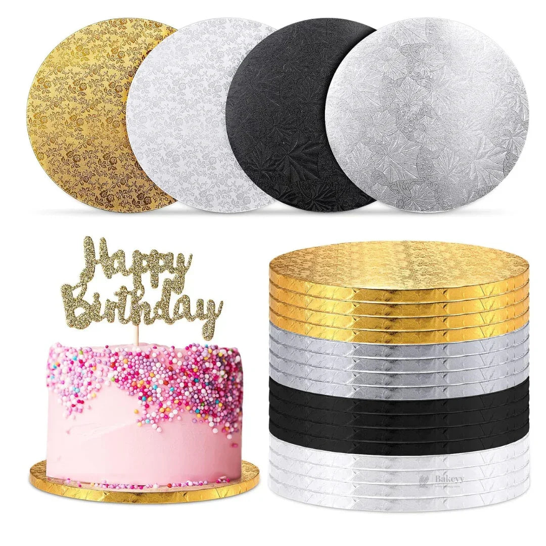 Assorted gold, silver, and black round cake boards for bakery cake display and packaging, Bakeyy.com