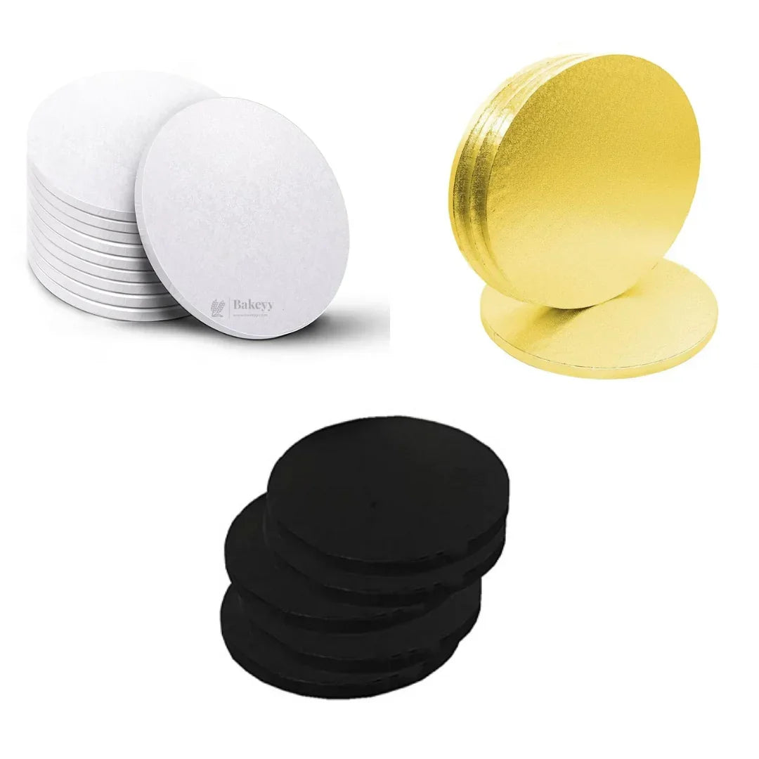 Round cake boards in white, gold, and black colors from Bakeyy baking supplies.