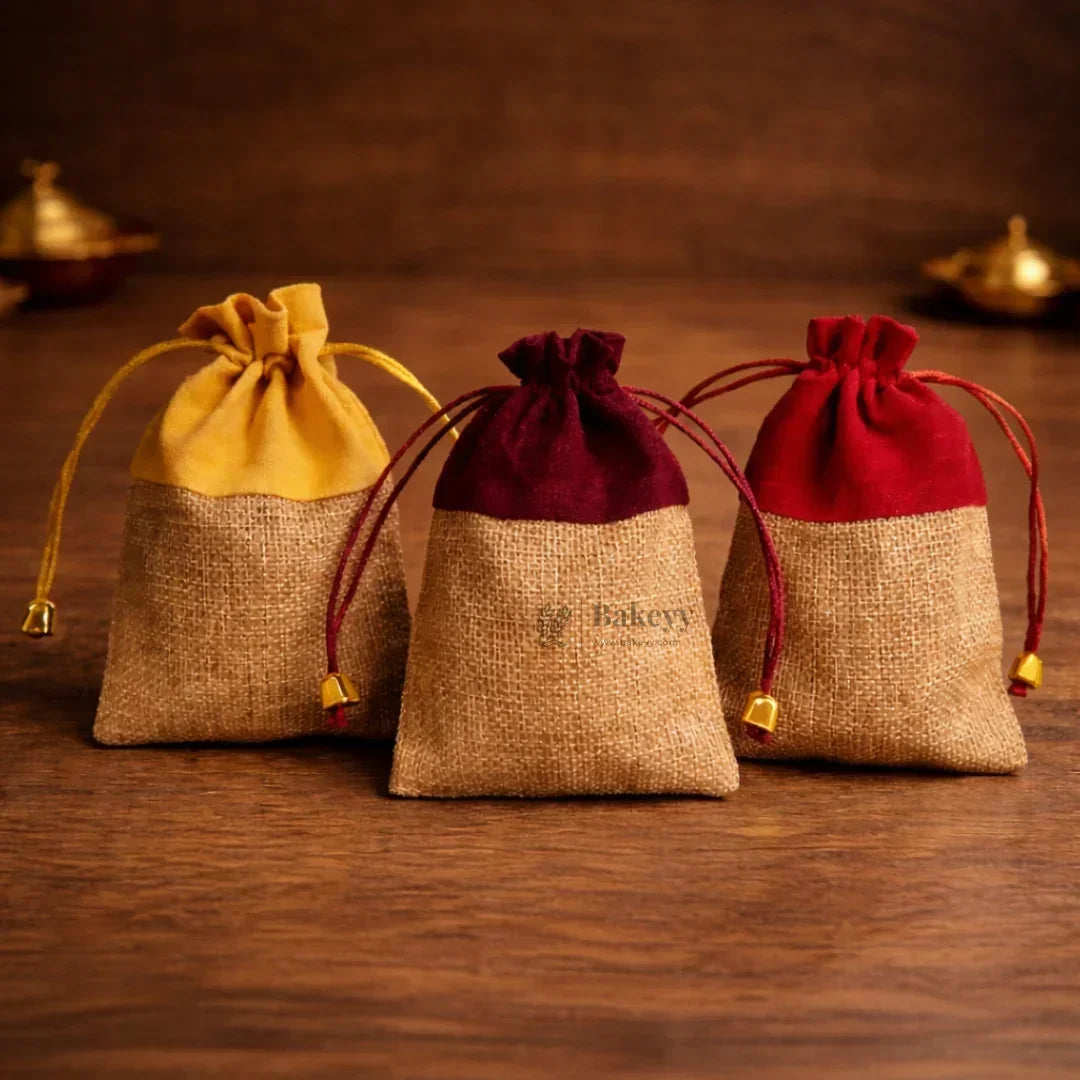 Premium Jute & Velvet Potli Bags with Drawstring | Eco-Friendly Gift Pouches | Multiple Sizes & Colors | Pack of 10 - Bakeyy.com - India - Premium Jute & Velvet Potli Bags with Drawstring | Eco-Friendly Gift Pouches | Multiple Sizes & Colors | Pack of 10 - Red / 10x14 cm 175.00