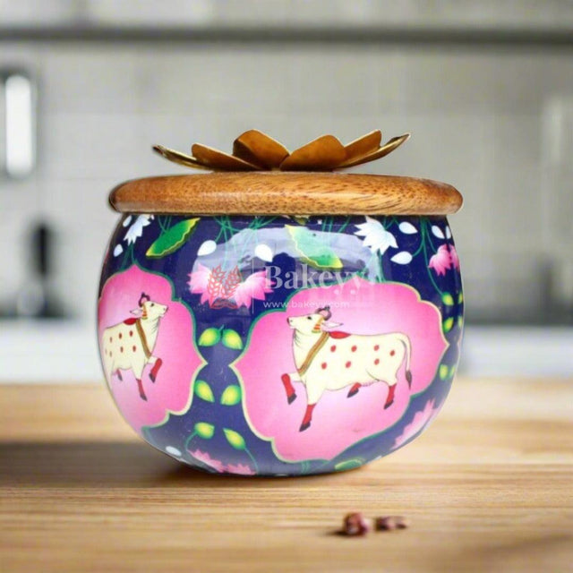 Navy Blue Handcrafted Decorative Jar with Floral Wooden Lid - Bakeyy.com - India - Navy Blue Handcrafted Decorative Jar with Floral Wooden Lid - Default Title