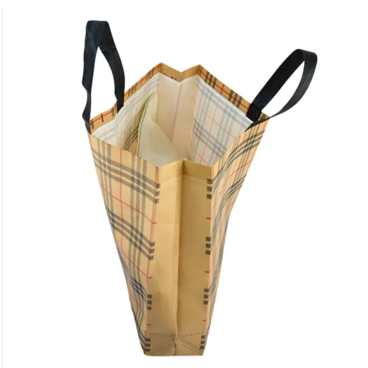 PVC Lamination Bags, Brown LV Checks design, Non Woven Design, 4 sizes available - Bakeyy.com