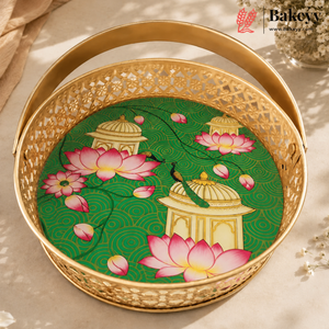 8 Inch Round Peacock & Lotus Design Decorative Basket | Pack of 1
