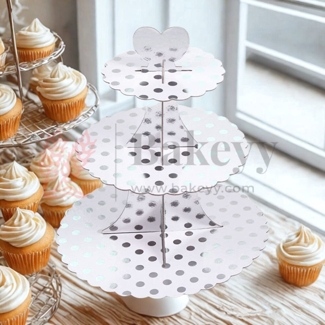 Tier Layer Cupcake Dessert Paper Stand Display Rack | Silver Dotted| 1 Piece