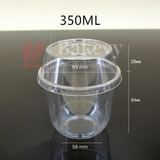Clear plastic container with lid labeled '350ML' and dimensions on a dark background.
