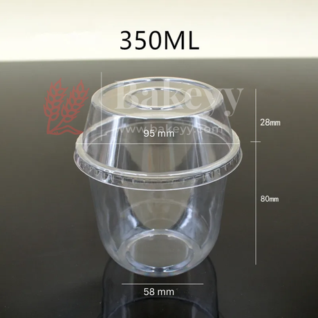Clear plastic container with lid labeled '350ML' and dimensions on a dark background.