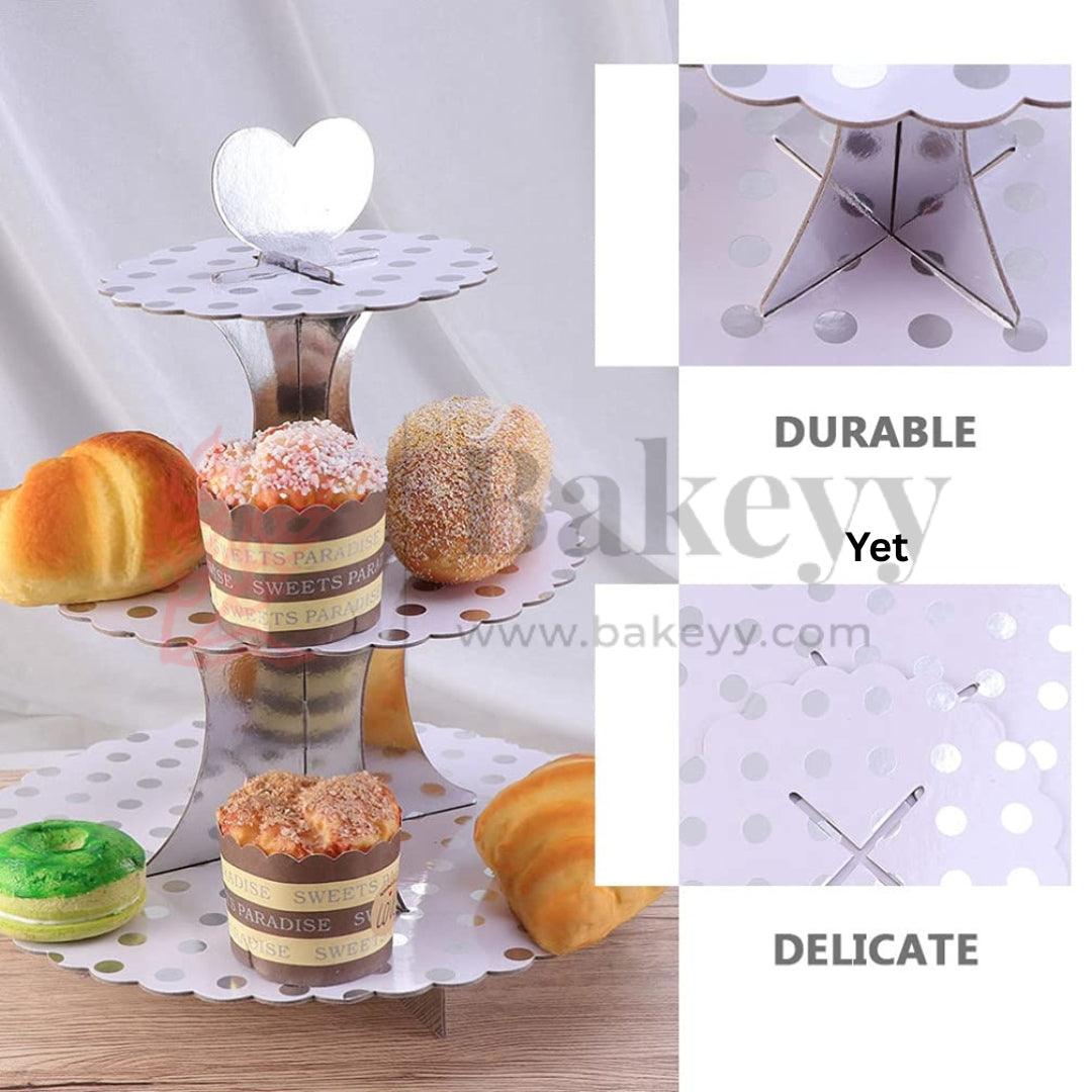 Tier Layer Cupcake Dessert Paper Stand Display Rack | Silver Dotted| 1 Piece