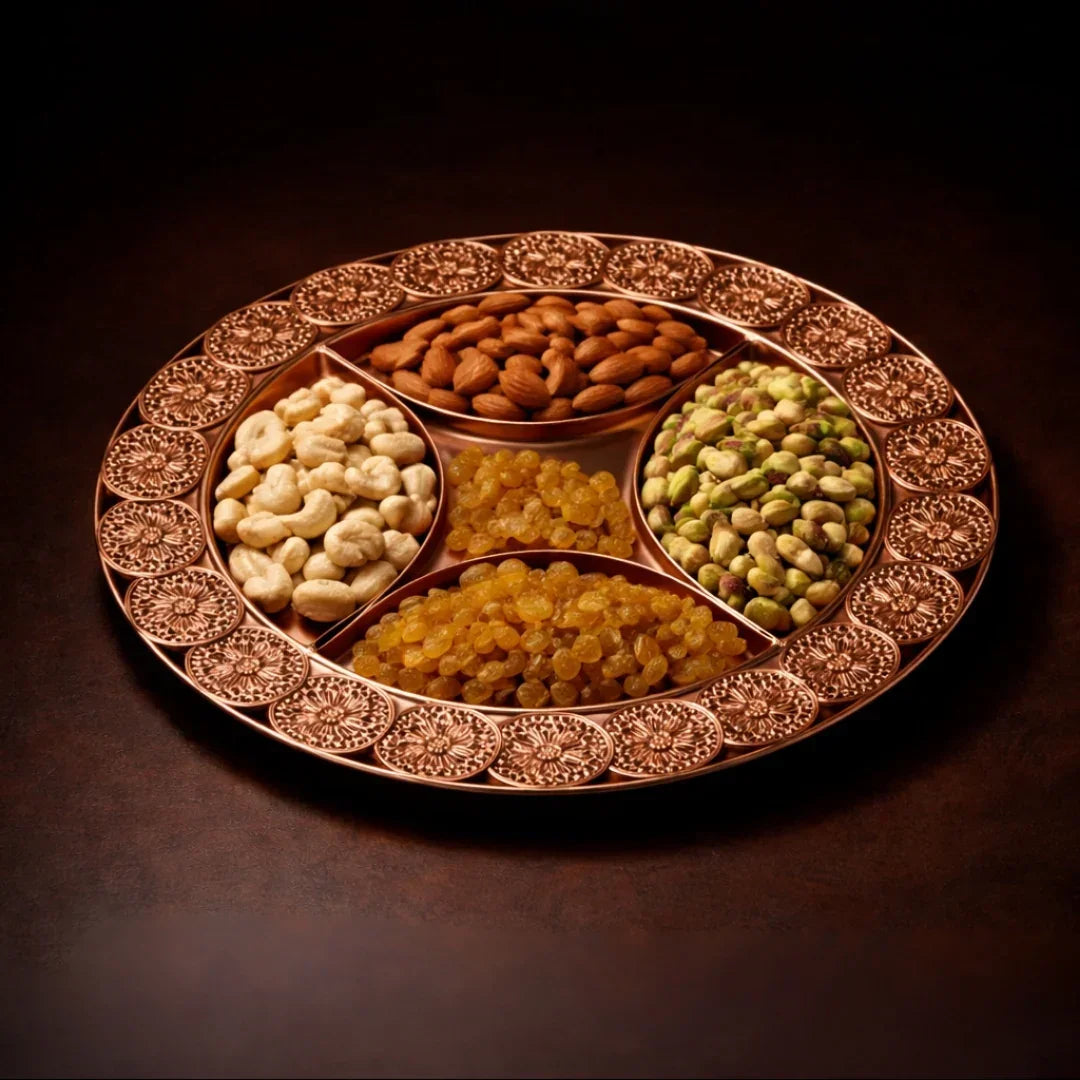 37.5cmLuxuriousRoundRoseGold-PlatedServingTraywith5CompartmentsPackof1_3 - Bakeyy.com