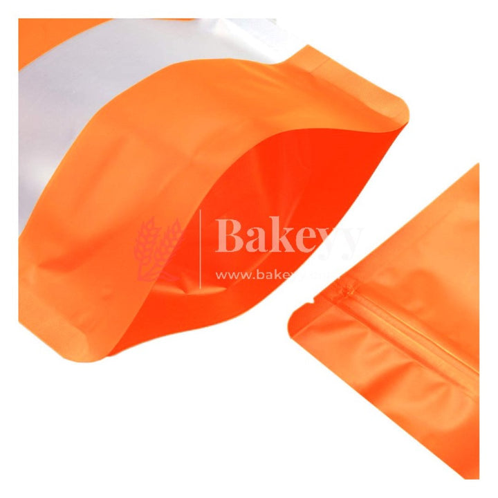 100 gm | Zip Lock Pouch | Orange Color With Window | 10x17 CM | Standing Pouch - Bakeyy.com