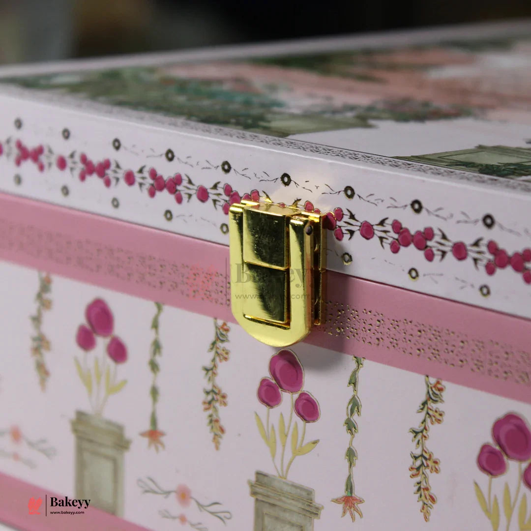 Elegant Pink Floral Square Gift Box with Satin Lining | 24cm