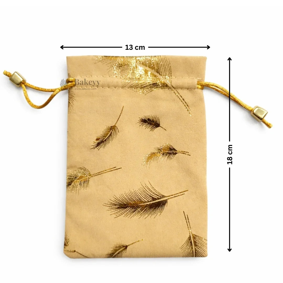 Premium Velvet Potli Bags for Gifting & Packaging l gold feather print Potil Bags l Pack of 10 - Bakeyy.com - India - Premium Velvet Potli Bags for Gifting & Packaging l gold feather print Potil Bags l Pack of 10 - Gold / 13x18 250.00