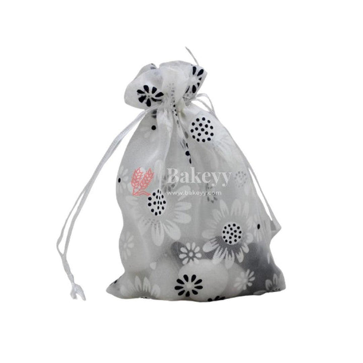 4x6 Inch | Floral Designs Organza Potli Bags | Pack of 100 | White Color | Candy Bag - Bakeyy.com