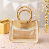 20x20x15 CM | Beige & Cream 4 Jar Jute Gift Bag with Window & Round Handles – 1 Piece