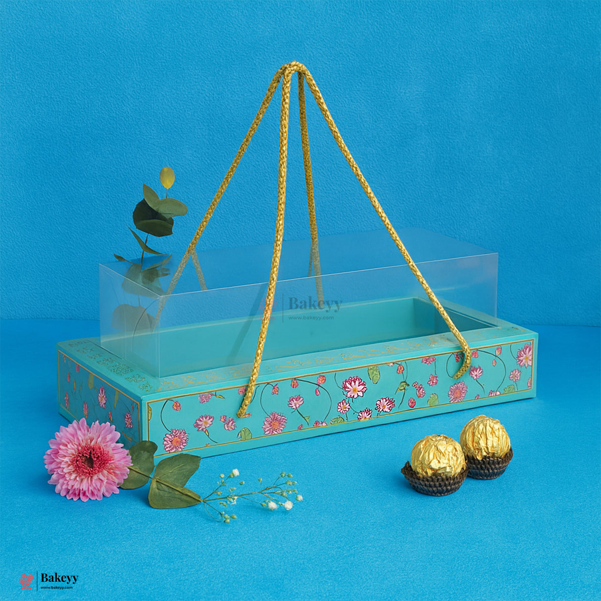 30.5x13x10cm |Turquoise Floral Gift Box with Transparent Lid & Golden Rope Handle – Empty Hamper Packaging Box  | Pack of 10
