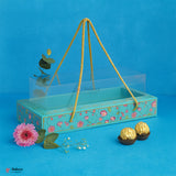 30.5x13x10cm |Turquoise Floral Gift Box with Transparent Lid & Golden Rope Handle – Empty Hamper Packaging Box  | Pack of 10
