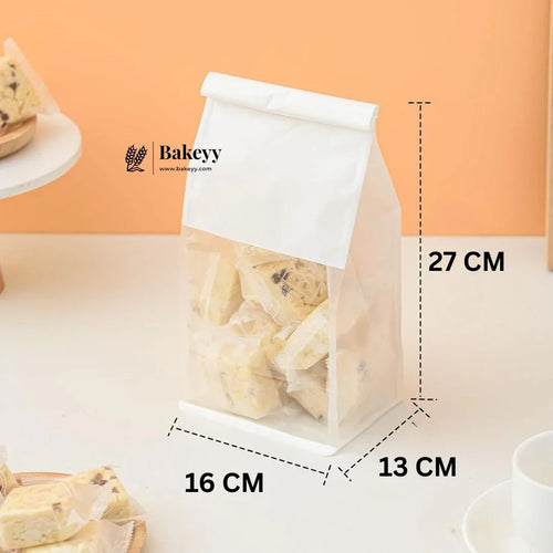 White Kraft Paper Bread Bags with Clear Window | Bakery Bags Tin Tie Tab Lock Treat Bag| Pack of 50 - Bakeyy.com - India - White Kraft Paper Bread Bags with Clear Window | Bakery Bags Tin Tie Tab Lock Treat Bag| Pack of 50 - 16x27x13Cm