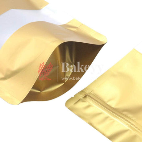 1 kg | Zip Lock Pouch |Gold Color With Window | 17x26.5 CM | Standing Pouch | 110 GSM | - Bakeyy.com - India - 1 kg | Zip Lock Pouch |Gold Color With Window | 17x26.5 CM | Standing Pouch | 110 GSM | - Pack Of 50 / 17x26.5 cm / 1 Kg