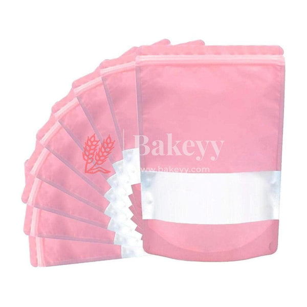 100 gm | Zip Lock Pouch | Pink Color With Window | 10x17 CM | Standing Pouch | 110 GSM | - Bakeyy.com - India - 100 gm | Zip Lock Pouch | Pink Color With Window | 10x17 CM | Standing Pouch | 110 GSM | - Pack Of 50 / 10x17 cm / 100gm