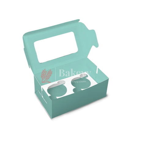 2 Cupcake Box | With Window On The Top | Sky Blue Color | - Bakeyy.com - India - 2 Cupcake Box | With Window On The Top | Sky Blue Color | - Pack of 10