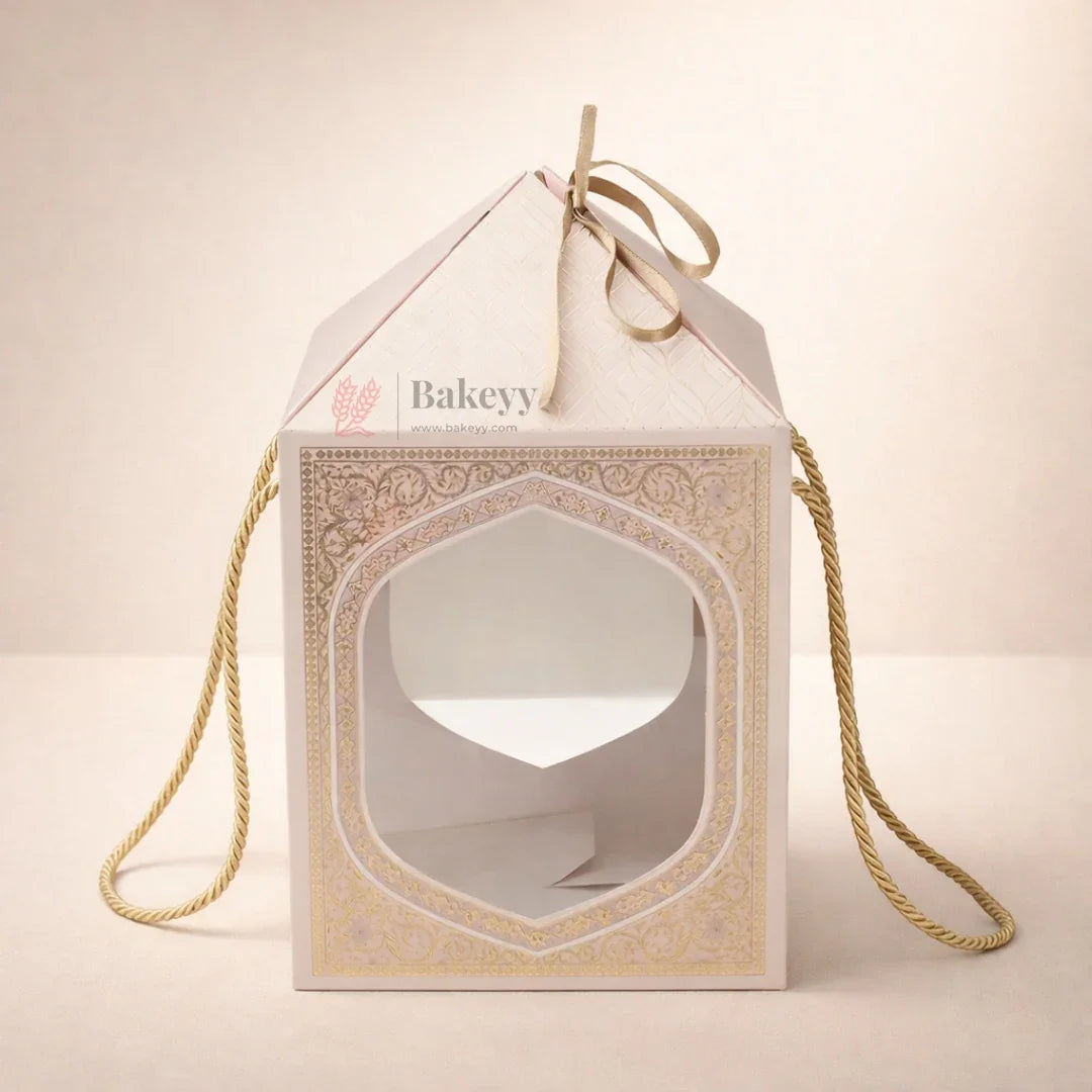Premium Floral Window Gift Box with Rope Handle (7.25 x 7.25 x 12 Inch) | Cake Hamper & Gifting Box | Pack of 10