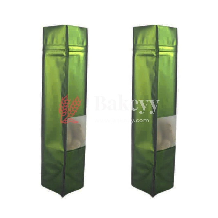100 gm | Zip Lock Pouch | Dark Green Color With Window | 10x17 CM | Standing Pouch - Bakeyy.com