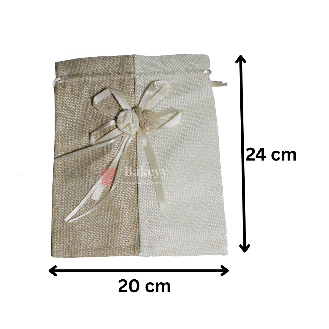 20x24cm| Beige & Cream Jute Potli Bag with Floral Accent | Traditional Potli Bag | Wedding Favor Bag | Jewelry Pouch | Floral Accent Gift Bag | Pack of 10