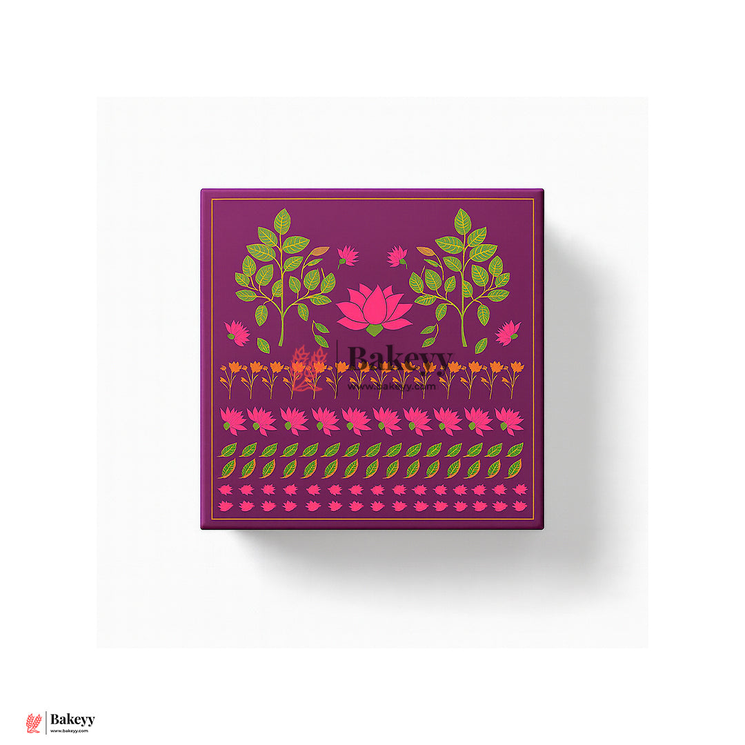 6x6x4 Inch | Small Floral Printed Premium Square Gift Box – Purple | Reusable Rigid Hamper Packaging  | Pack Of 1