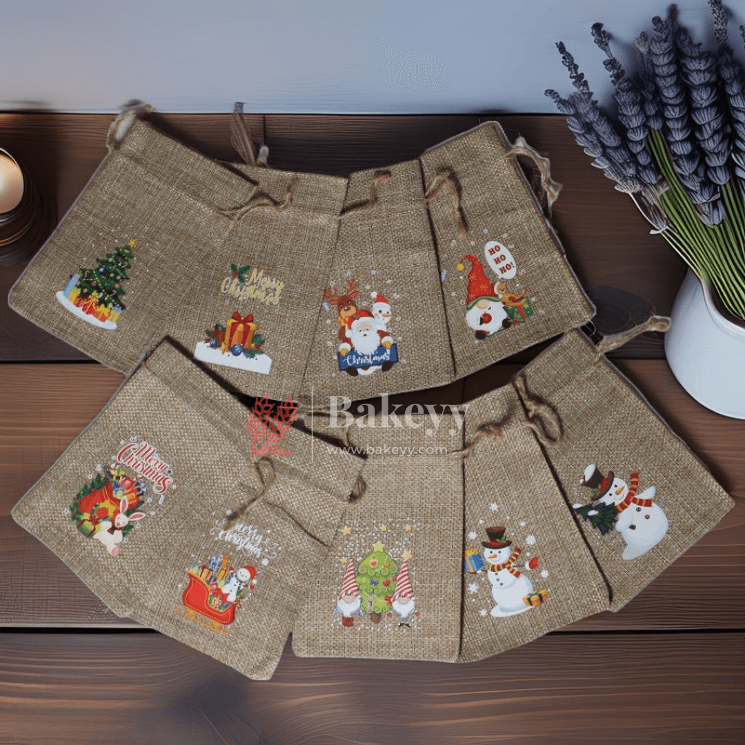 Christmas Jute Potli Bags || Printed Potli Jute Bag (Mixed Designs) || Gift Return Gifts Bags || - Bakeyy.com - India - Christmas Jute Potli Bags || Printed Potli Jute Bag (Mixed Designs) || Gift Return Gifts Bags || - 4x6 / Pack of 10