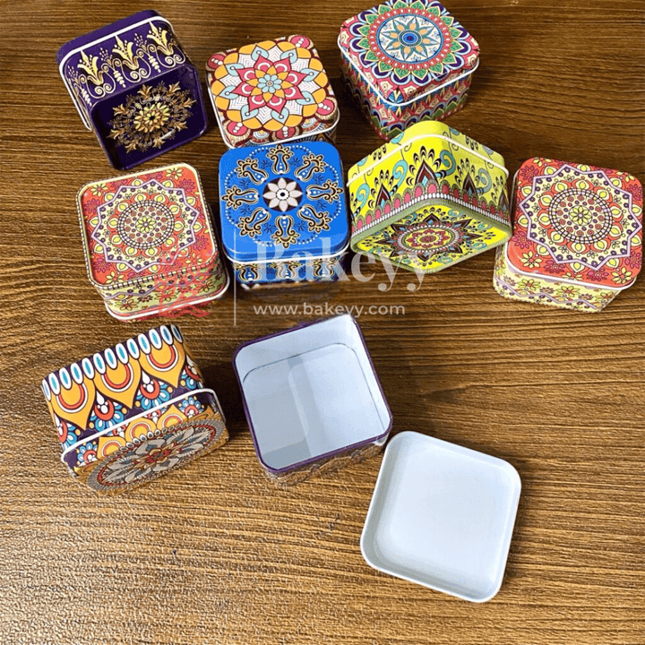 Matka Tin | Square Shaped Decorative Boxes | Pack Of 12 | Candle Tin Box | Different Designs | - Bakeyy.com - India - Matka Tin | Square Shaped Decorative Boxes | Pack Of 12 | Candle Tin Box | Different Designs | - Default Title