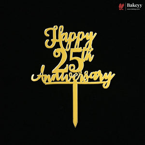 Gold metal cake topper with 'Happy 25th Anniversary' script on a black background, featuring a Bakeyy logo in the top right corner.