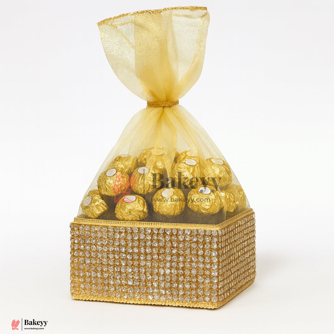 6x6x3 Inch | Golden Diamond Mesh Gift Box with Net  – Premium Return Gift Packaging | Pack  of 1