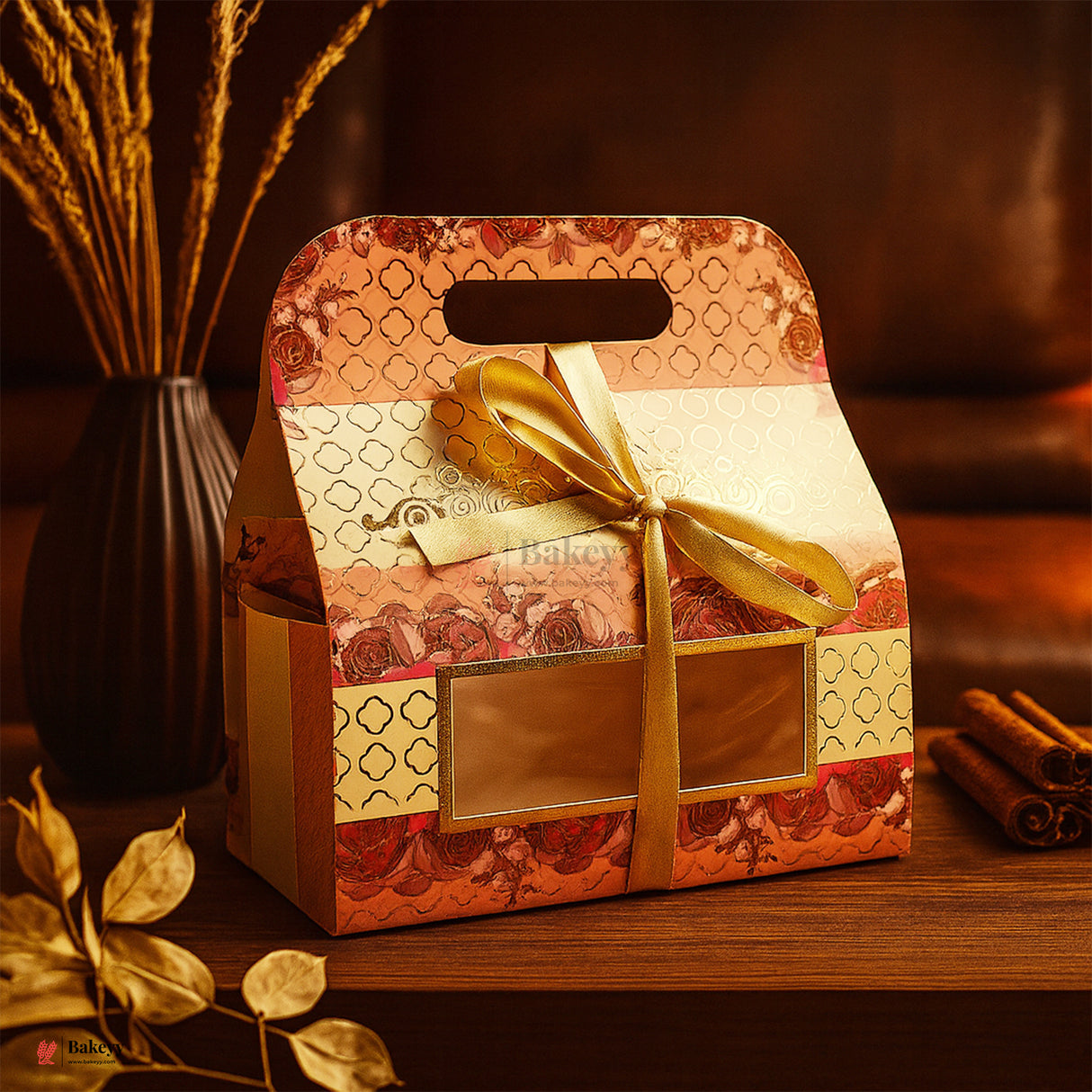 17.5x19x9cm | Luxury Floral Gift Box with Golden Ribbon & Transparent Window With 2 Tins | Pack of 10