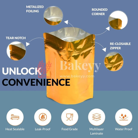 Zip Lock Pouch | Gold Pouch Without Window | Customized Printing - Bakeyy.com - India - Zip Lock Pouch | Gold Pouch Without Window | Customized Printing - Pack of 1000 / 10x17 CM - 100 gm