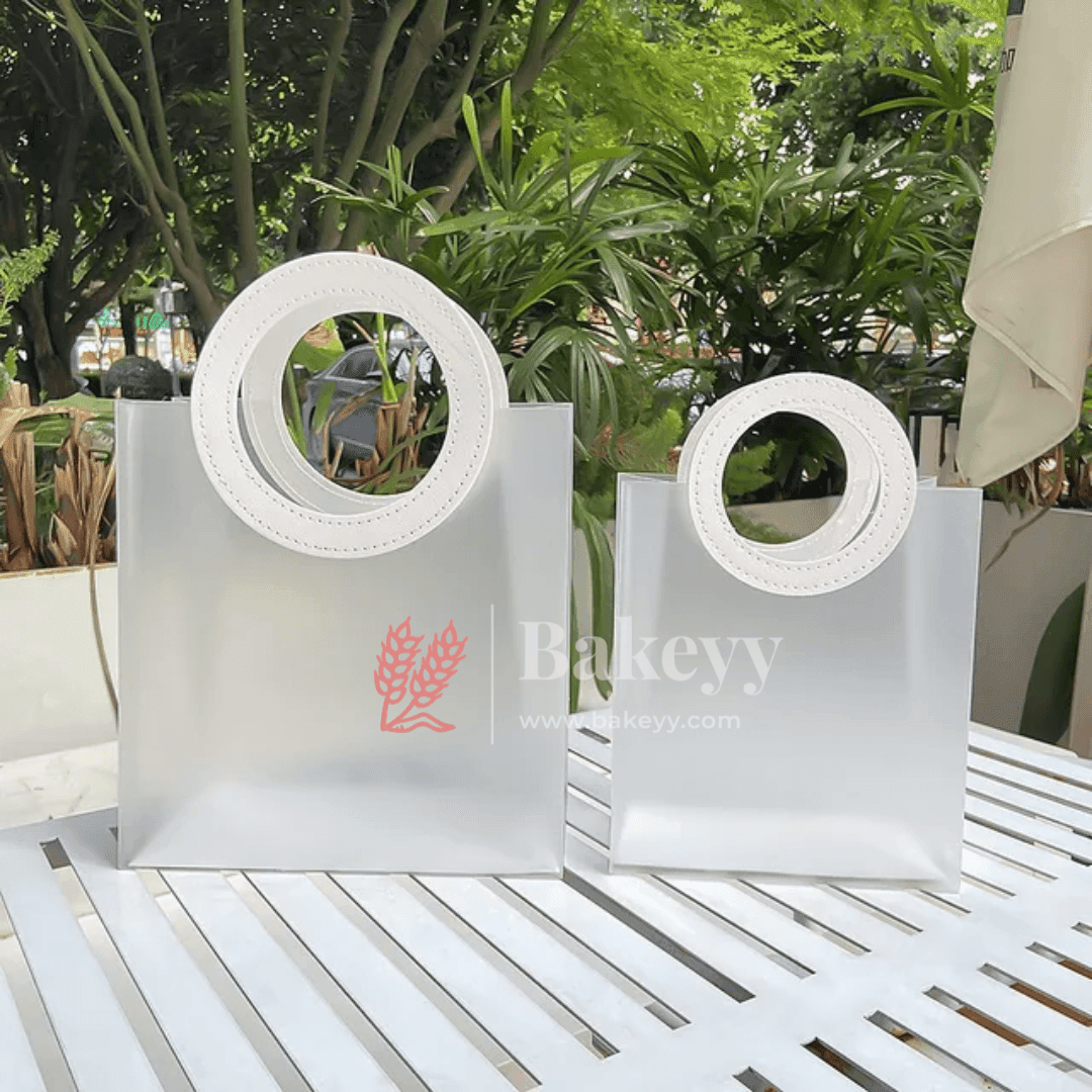 16x8x18 cm| Premium Transparent Gift Bags | Leather Style White Colour Handles| Pack of 10 | - Bakeyy.com - India - {{ variant.name }}