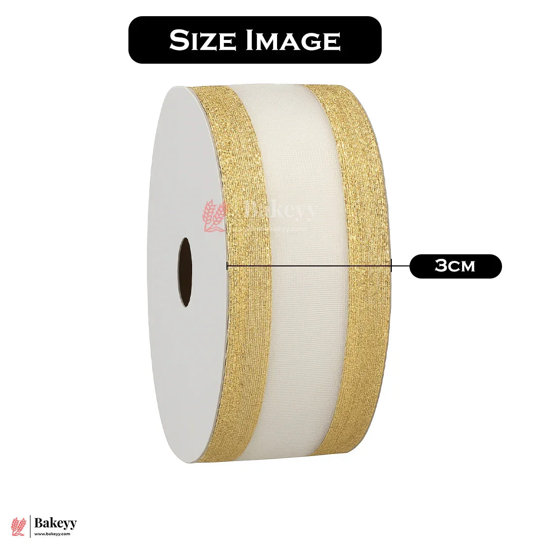 1849|18 mtr Gold Glitter Edge White Net Ribbon Roll – 3cm Decorative Craft & Gift Wrapping Ribbon