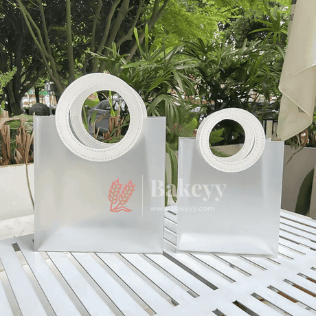 21x11x22 cm| Premium Transparent Gift Bags | Leather Style White Colour Handles| Pack of 10 | - Bakeyy.com - India - {{ variant.name }}