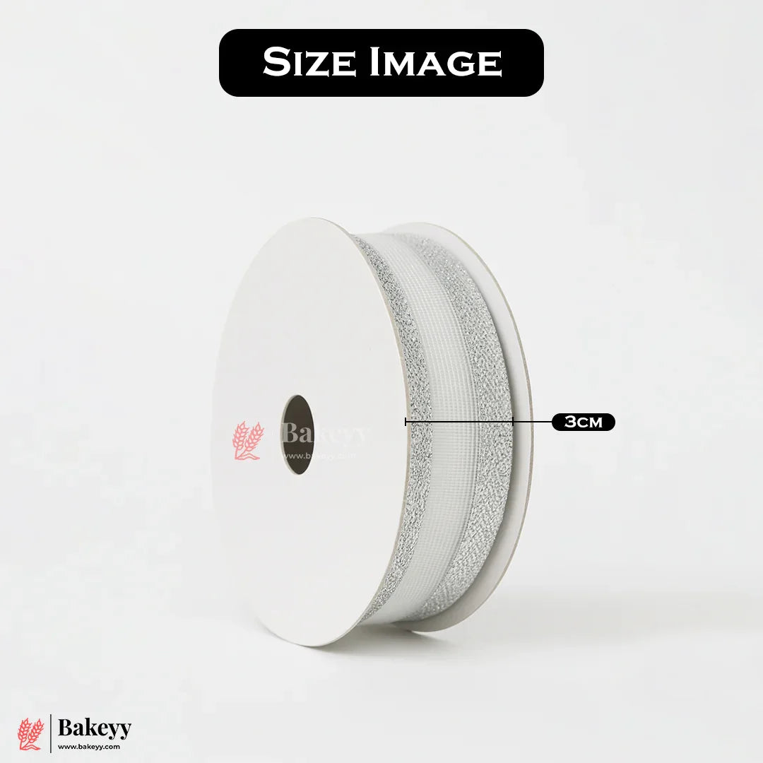 1849|18 mtr Silver Glitter Edge White Net Ribbon Roll – 3cm Decorative Craft & Gift Wrapping Ribbon