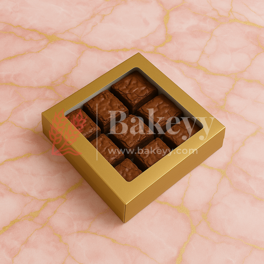 9x9x2 inch | 9 Piece Brownie Box Premium Metallic Gold | Square window | Pack of 10