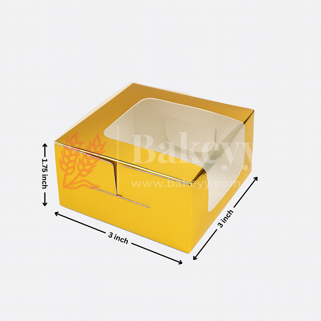 3x3x1.75 inch | 1 Piece Brownie Box Premium Metallic Gold  | L Shaped Window | Pack Of 10