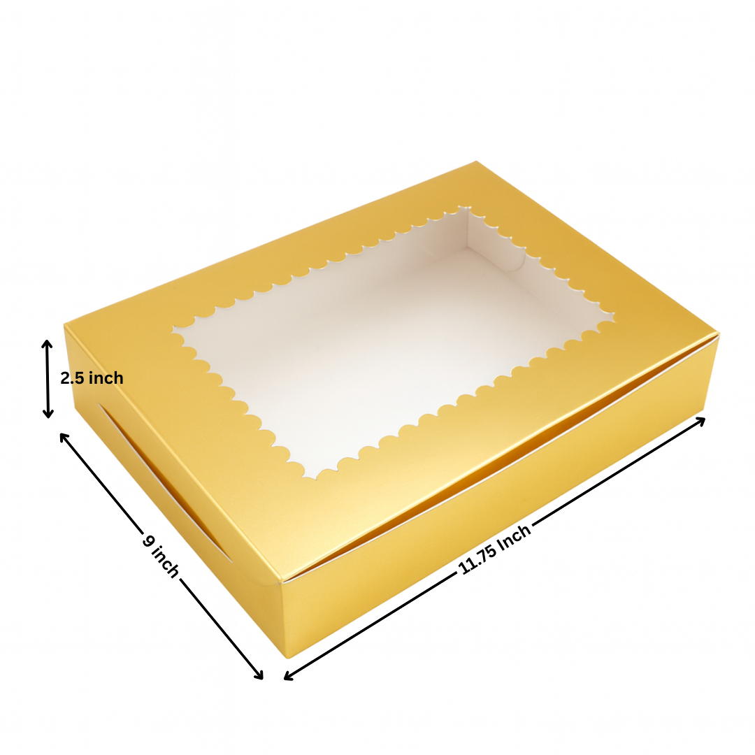 11.75x9x2.5 inch | 12 Piece Brownie Box Premium Metallic Gold | Flower Window | Pack of 10