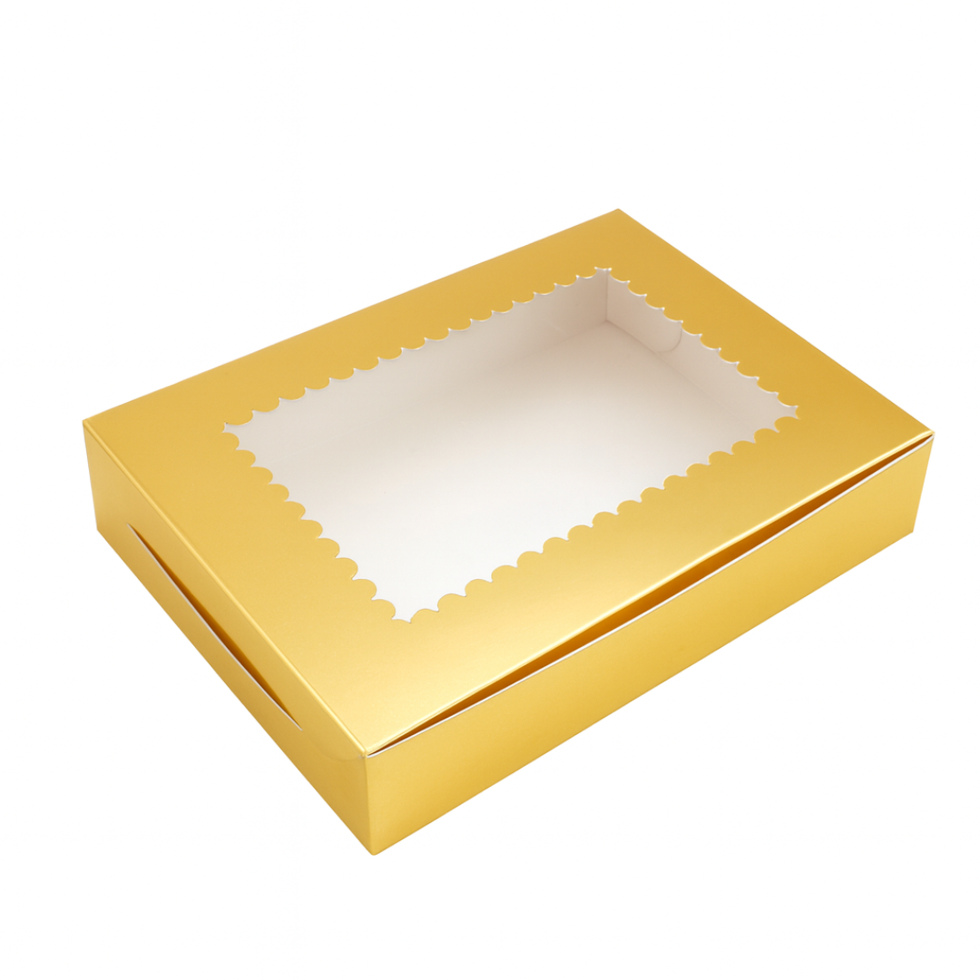 11.75x9x2.5 inch | 12 Piece Brownie Box Premium Metallic Gold | Flower Window | Pack of 10