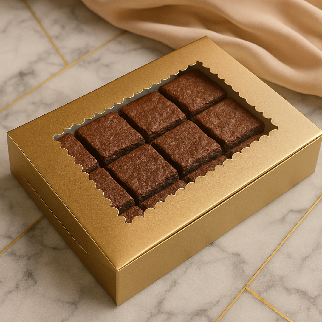 11.75x9x2.5 inch | 12 Piece Brownie Box Premium Metallic Gold | Flower Window | Pack of 10