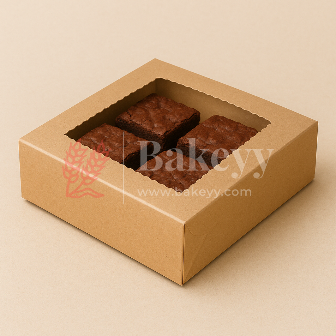 6x6x1.75 inch | 4 Piece Brownie Box Premium Kraft Paper | Flower Window | Pack of 10