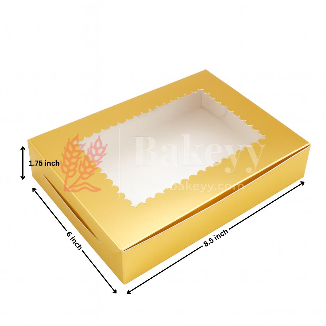 8.5x6x1.75 inch | 6 Piece Brownie Box Premium Metallic Gold | Flower Window | Pack of 10