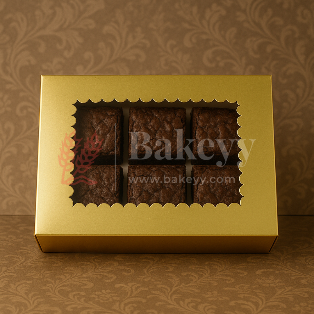 8.5x6x1.75 inch | 6 Piece Brownie Box Premium Metallic Gold | Flower Window | Pack of 10
