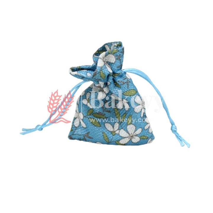 3x4 Inch Blue Printed | Printed Potli Jute Bag | Gift Return Gifts Bags | Drawstring Bags | Pack Of 10 - Bakeyy.com
