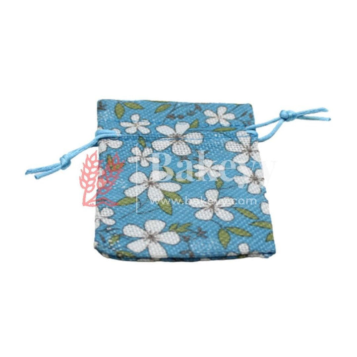 3x4 Inch Blue Printed | Printed Potli Jute Bag | Gift Return Gifts Bags | Drawstring Bags | Pack Of 10 - Bakeyy.com