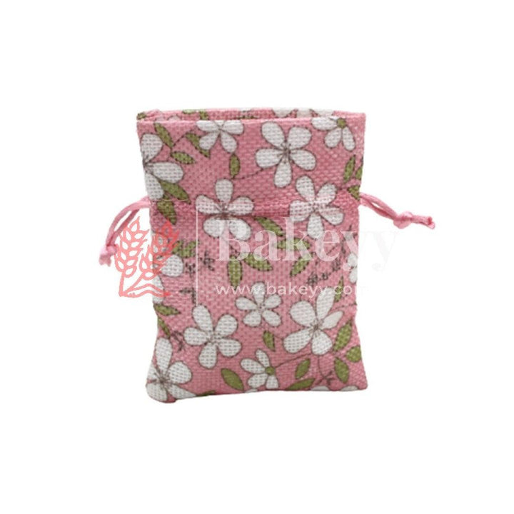 3x4 Inch Pink Printed | Printed Potli Jute Bag | Gift Return Gifts Bags | Drawstring Bags | Pack Of 10 - Bakeyy.com