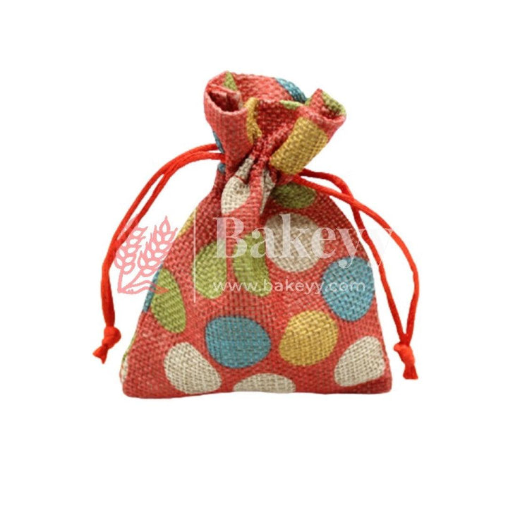 3x4 Inch Red Printed | Printed Potli Jute Bag | Gift Return Gifts Bags | Drawstring Bags | Pack Of 10 - Bakeyy.com