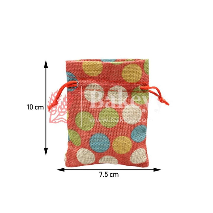3x4 Inch Red Printed | Printed Potli Jute Bag | Gift Return Gifts Bags | Drawstring Bags | Pack Of 10 - Bakeyy.com