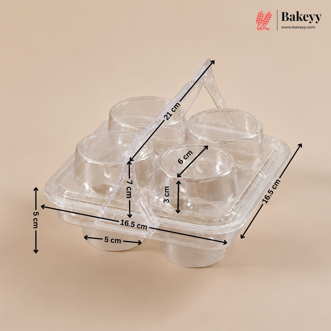 4-Cavity Transparent Dessert Cup Carrier with Handle & Lid | Pack of 50